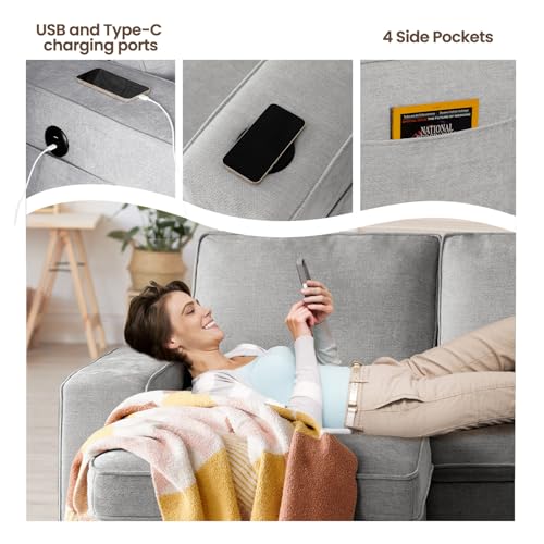 99" Convertible Sleeper Sofa Bed L Shaped with Storage Chaise Pull Out Couch Chenille Covers (Gray) S5371