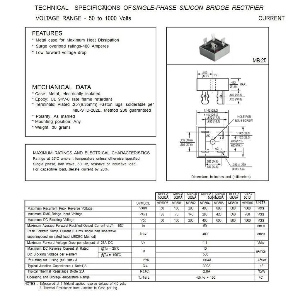 5/10Pcs 1000V 50A Metal Case Single Phase Diode Bridge Rectifier W66428