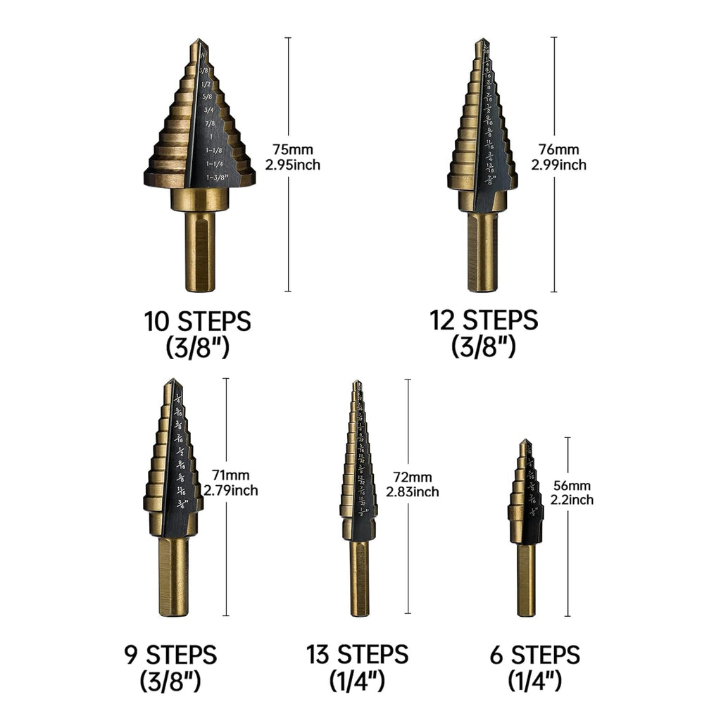5 Pc HSS Titanium Coated Step Drill Bit Set with Aluminum Case G427518