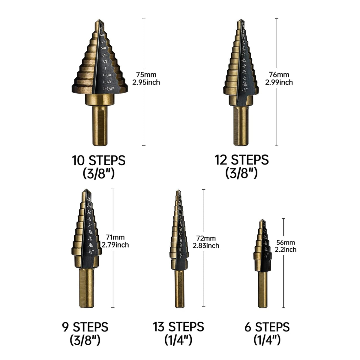 5 Pc HSS Titanium Coated Step Drill Bit Set with Aluminum Case G427518