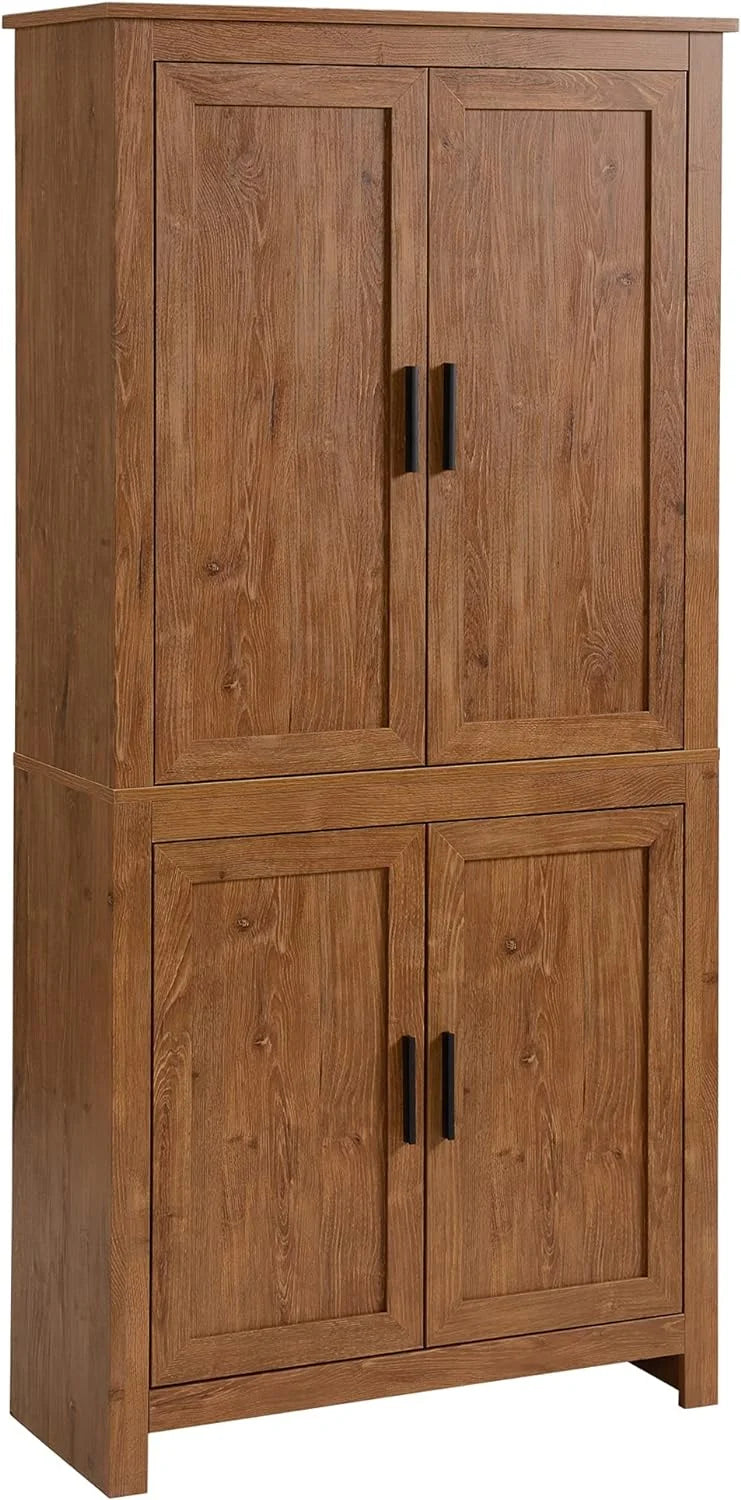 64" 4-Door Oak Kitchen Pantry Cabinet with 3 Adjustable Shelves Q984