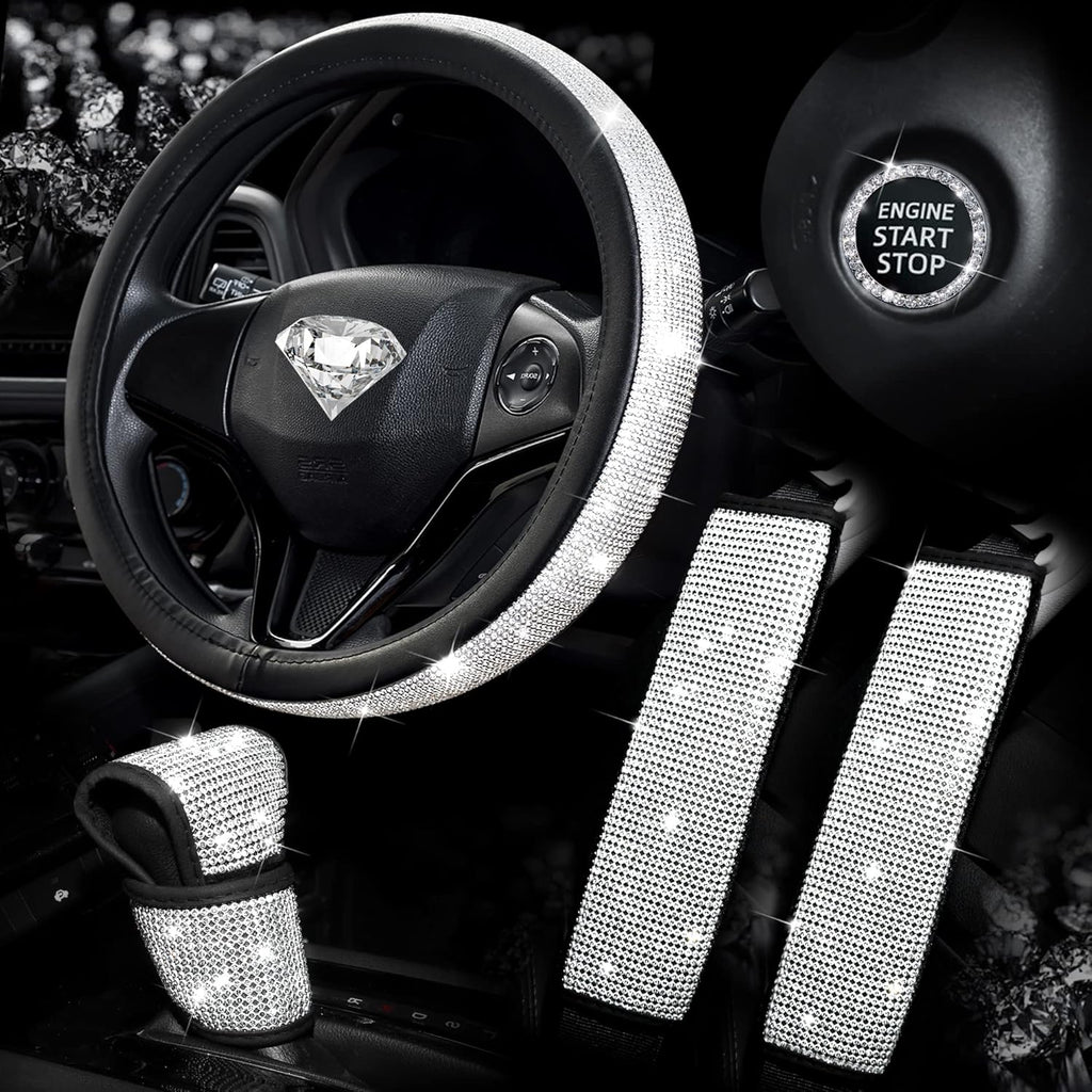 Pink Bling Diamond Steering Wheel Cover 15Inch, Rhinestone Seat Belt Covers 2pcs, Glitter Shift Knob Cover, Crystal Push Start Button O9490