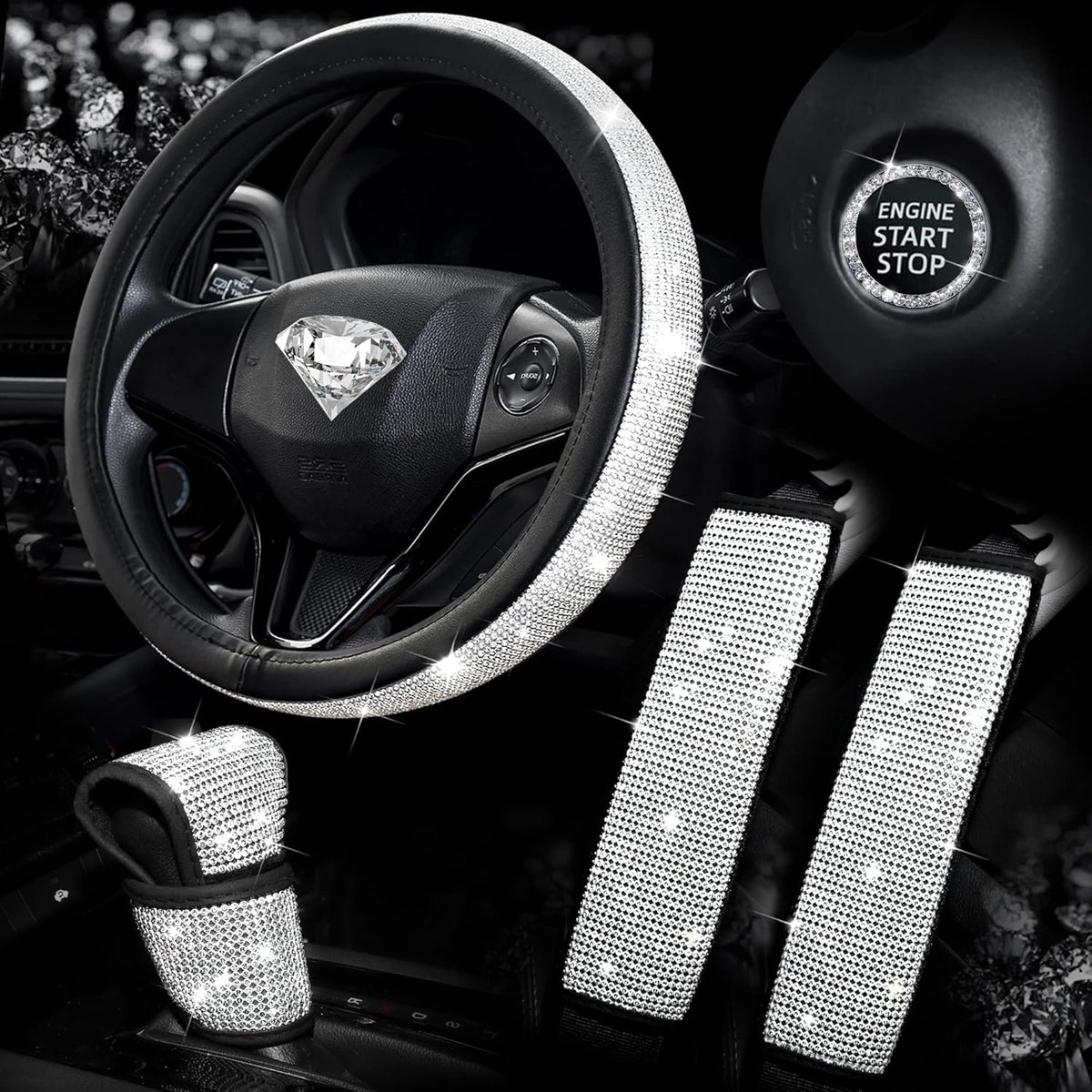 Pink Bling Diamond Steering Wheel Cover 15Inch, Rhinestone Seat Belt Covers 2pcs, Glitter Shift Knob Cover, Crystal Push Start Button O9490