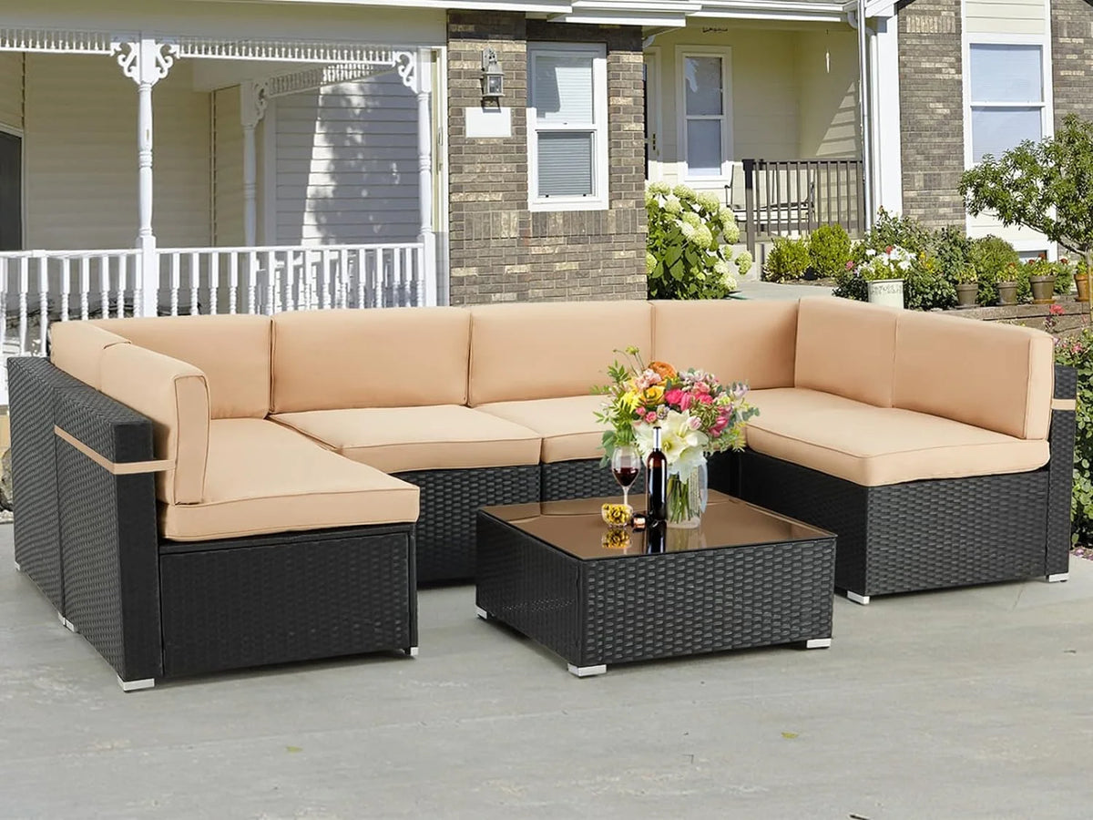 7 Piece Beige Rattan Wicker Sectional Sofa Set with Table R66462