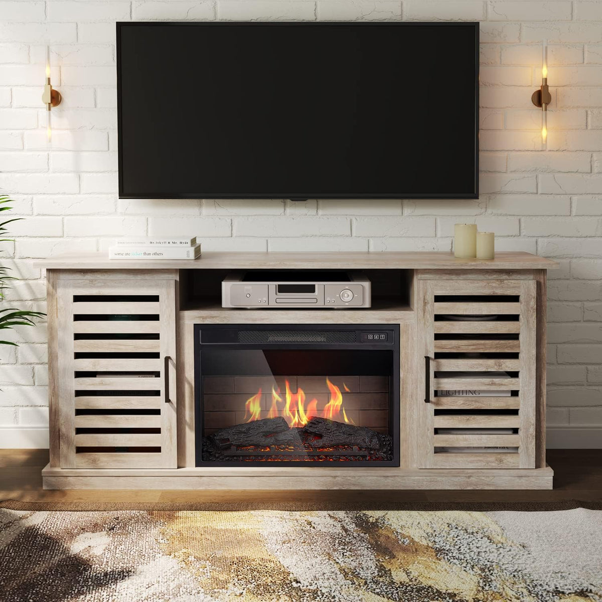 3D Fireplace TV Stand with 6 Storage Shelves & Barn Door V54324