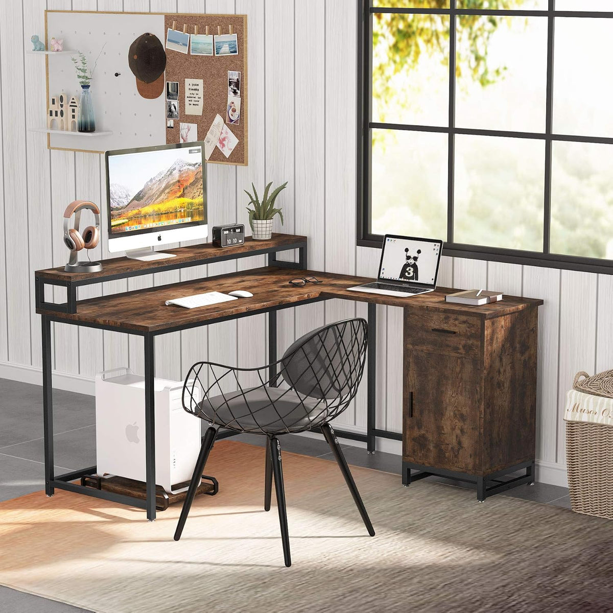 L Shaped Computer Desk with Drawer and Storage Cabinet D1509