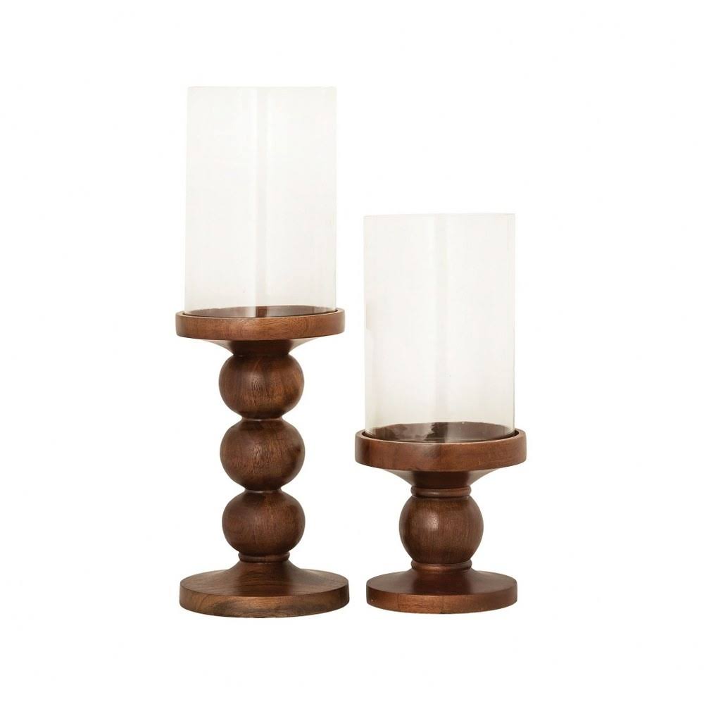 20 inch Hurricane Candle Holder Set of 2 Glass/Iron Walnut/Clear W91691