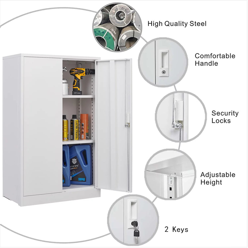 White 42 inch Metal Storage Cabinet with Adjustable Shelves and Locking Doors V732