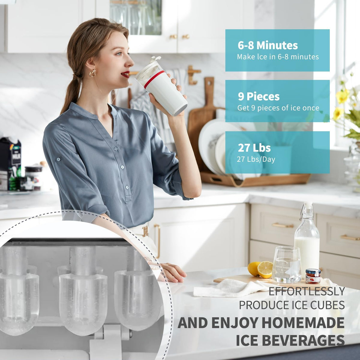 Water Dispenser Cooler with Ice Maker, 27LBS Daily Ice Making, Hot Cold Water, Child Safety Lock, Compatible with 3 or 5 Gallon Bottles I444813
