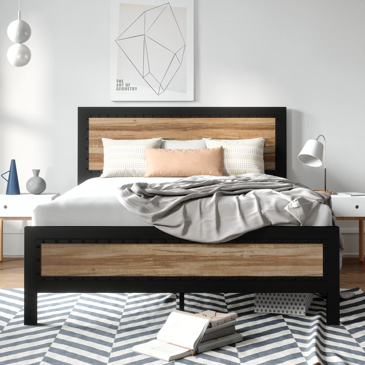 Queen Heavy Duty Metal Platform Bed Frame with Wood Headboard V602873