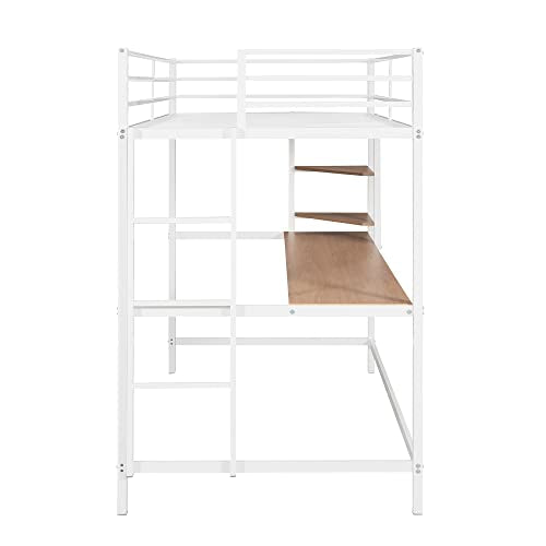 White Metal Twin Loft Bed with Desk and Shelves O554939