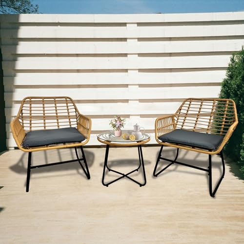 3-Piece Rattan Patio Bistro Set with Grey Cushions C473
