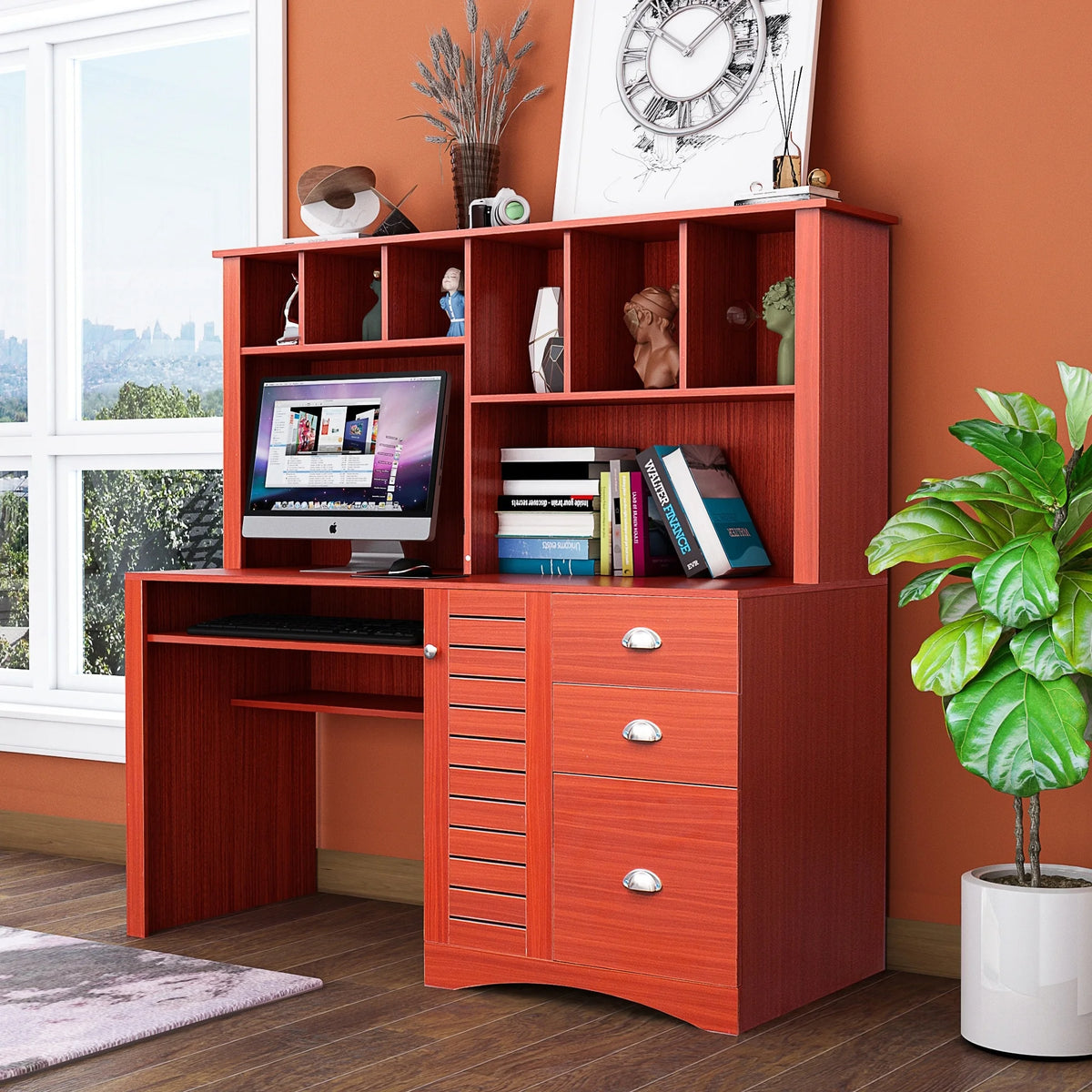Computer Desk with Hutch Walnut Finish J22695