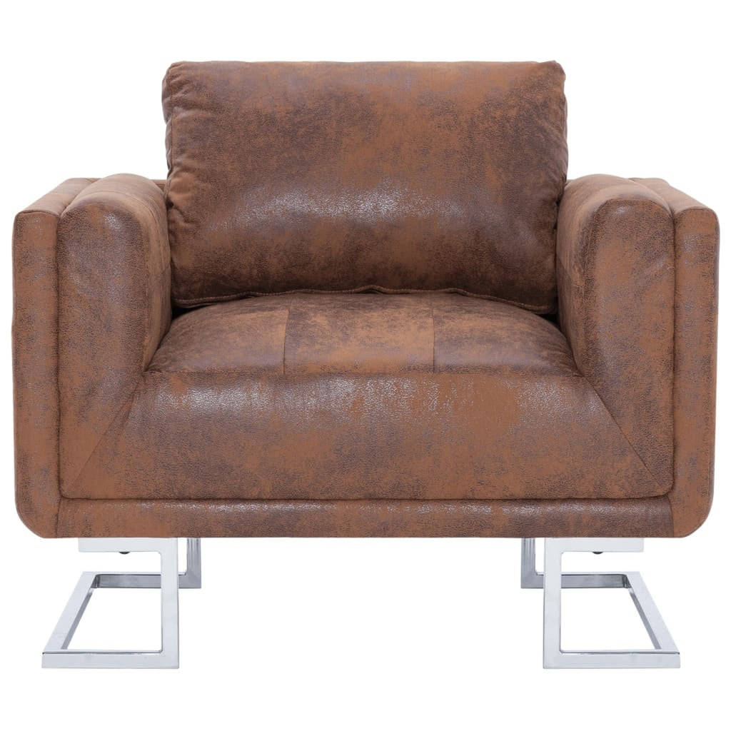 Cube Armchair Faux Suede Leather Upholstery Chair with Chrome Feet Brown U732