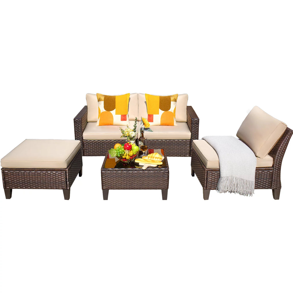 5 Pieces Wicker Rattan Outdoor Sofa Set with Ottoman Q455310
