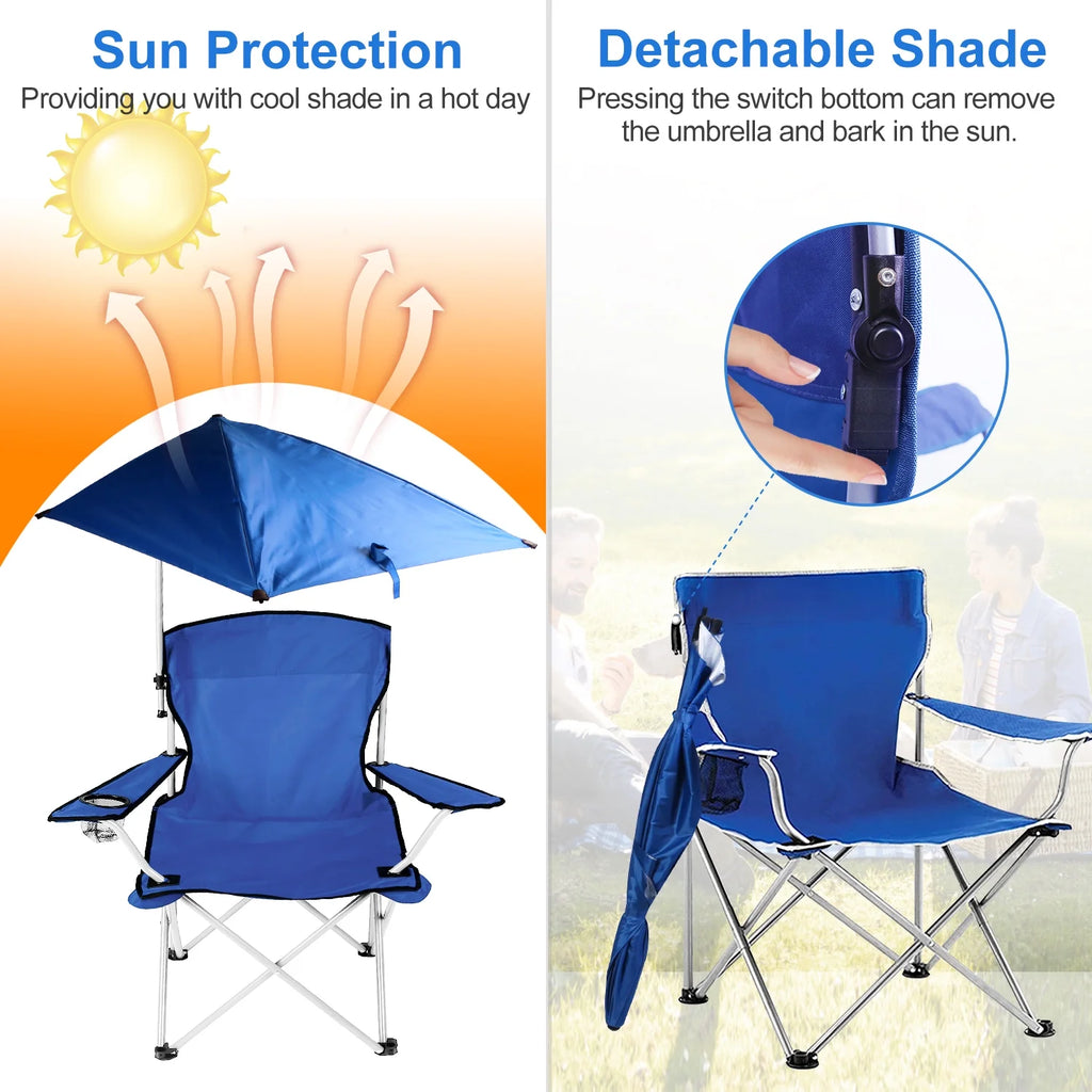 Blue Foldable Beach Chair with Detachable Umbrella Cup Holder Carry Bag X803037