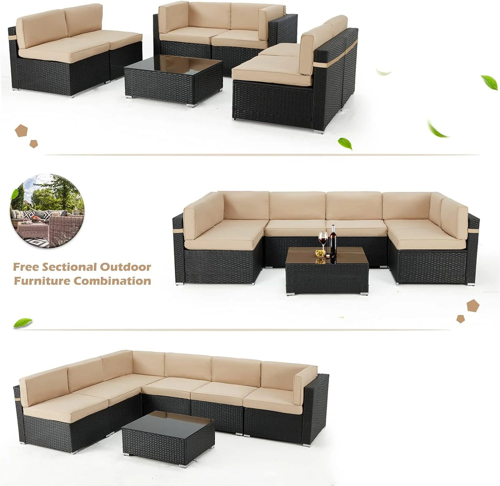 7 Piece Beige Rattan Wicker Sectional Sofa Set with Table R66462