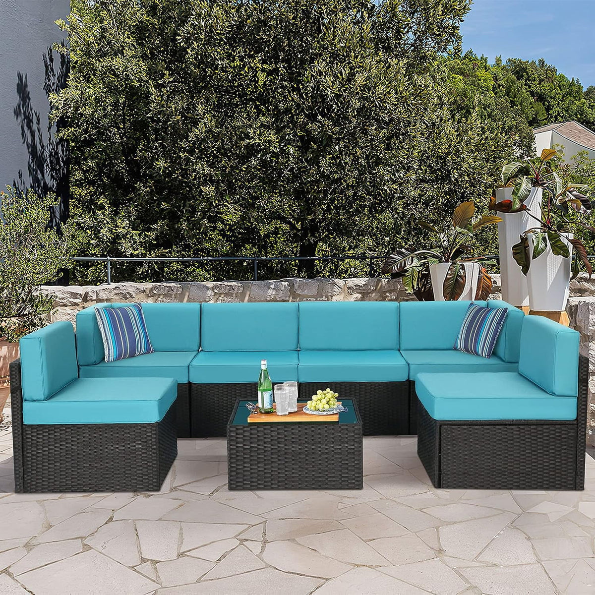 7 Piece Beige Rattan Wicker Sectional Sofa Set with Table R66462