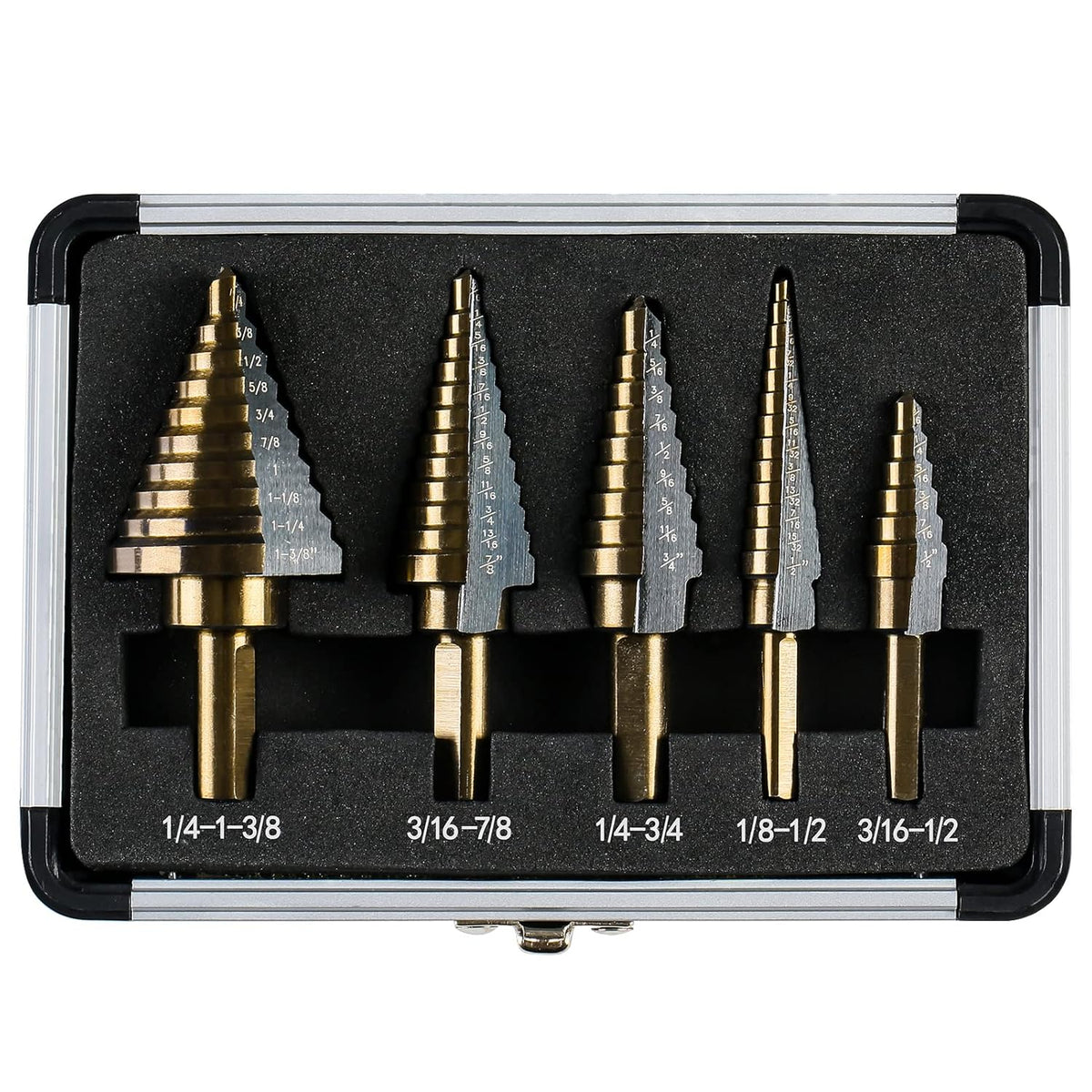 5 Pc HSS Titanium Coated Step Drill Bit Set with Aluminum Case G427518