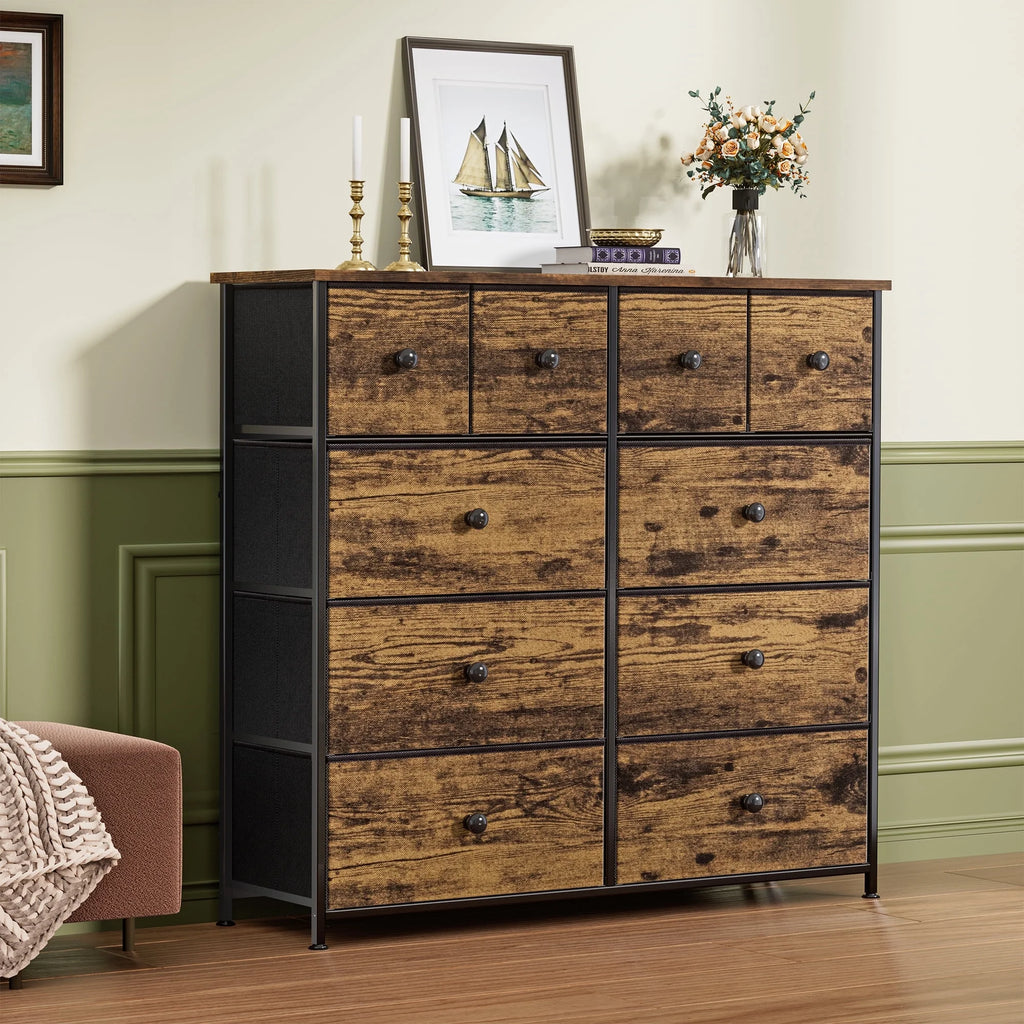 10 Drawer Fabric Dresser with Wood Top T591249