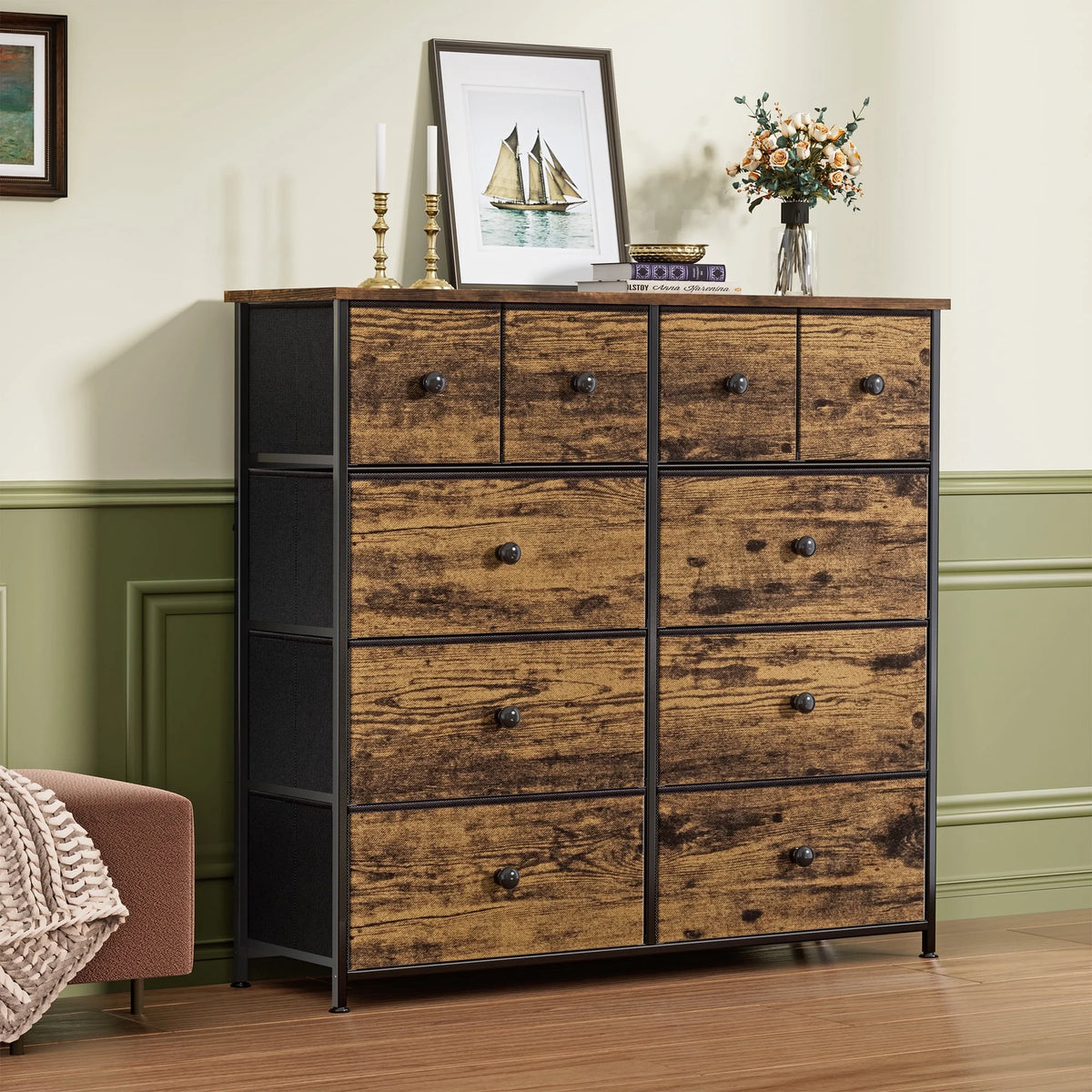 10 Drawer Fabric Dresser with Wood Top T591249