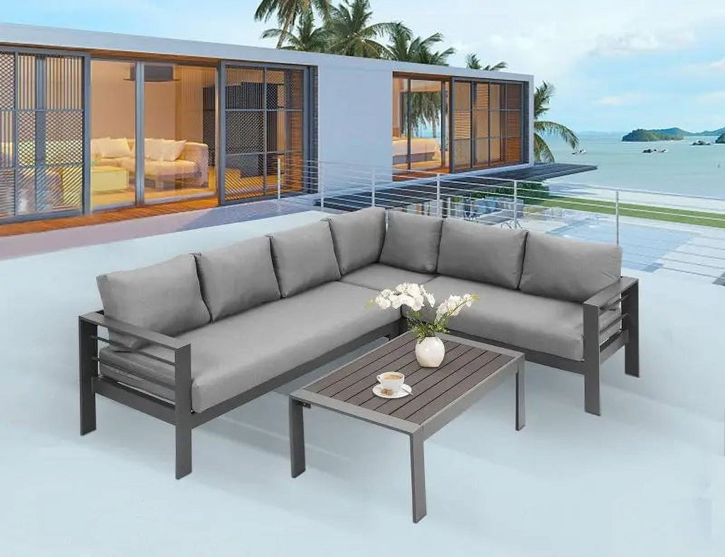 Grey Aluminum Corner Sectional Sofa with Dark Grey Cushions Y676761