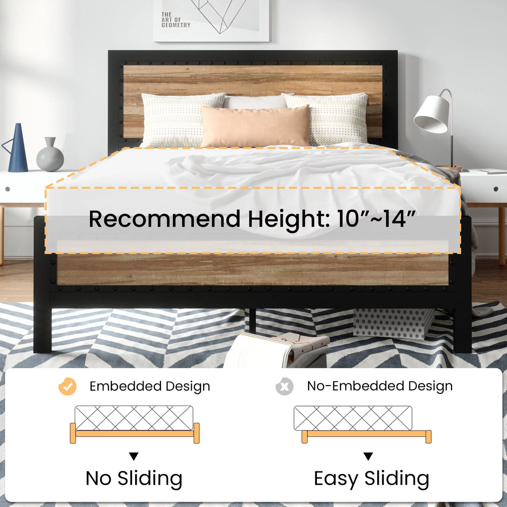 Queen Heavy Duty Metal Platform Bed Frame with Wood Headboard V602873