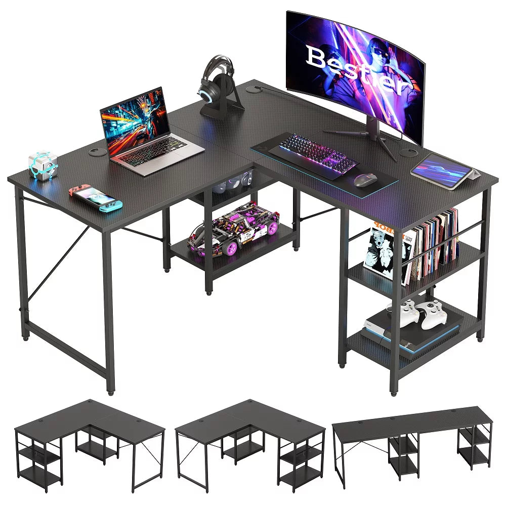 86.6 inch L-Shaped Reversible Computer Desk with Shelves I1110