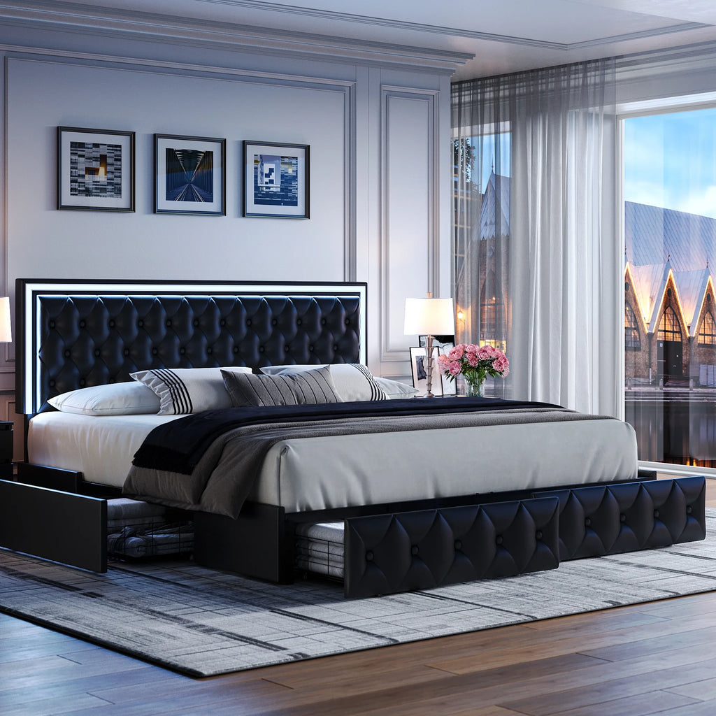 Queen LED Platform Bed Frame with 4 Storage Drawers O45326
