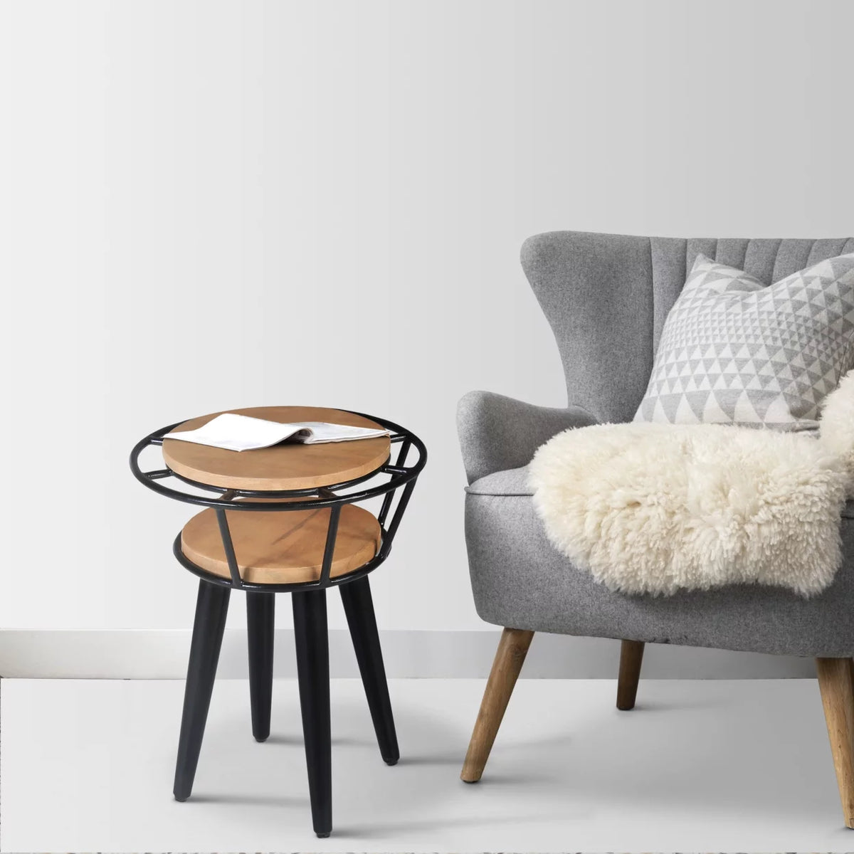 Industrial 2 Tier Round End Table with Metal Frame, White Oak and Black B101