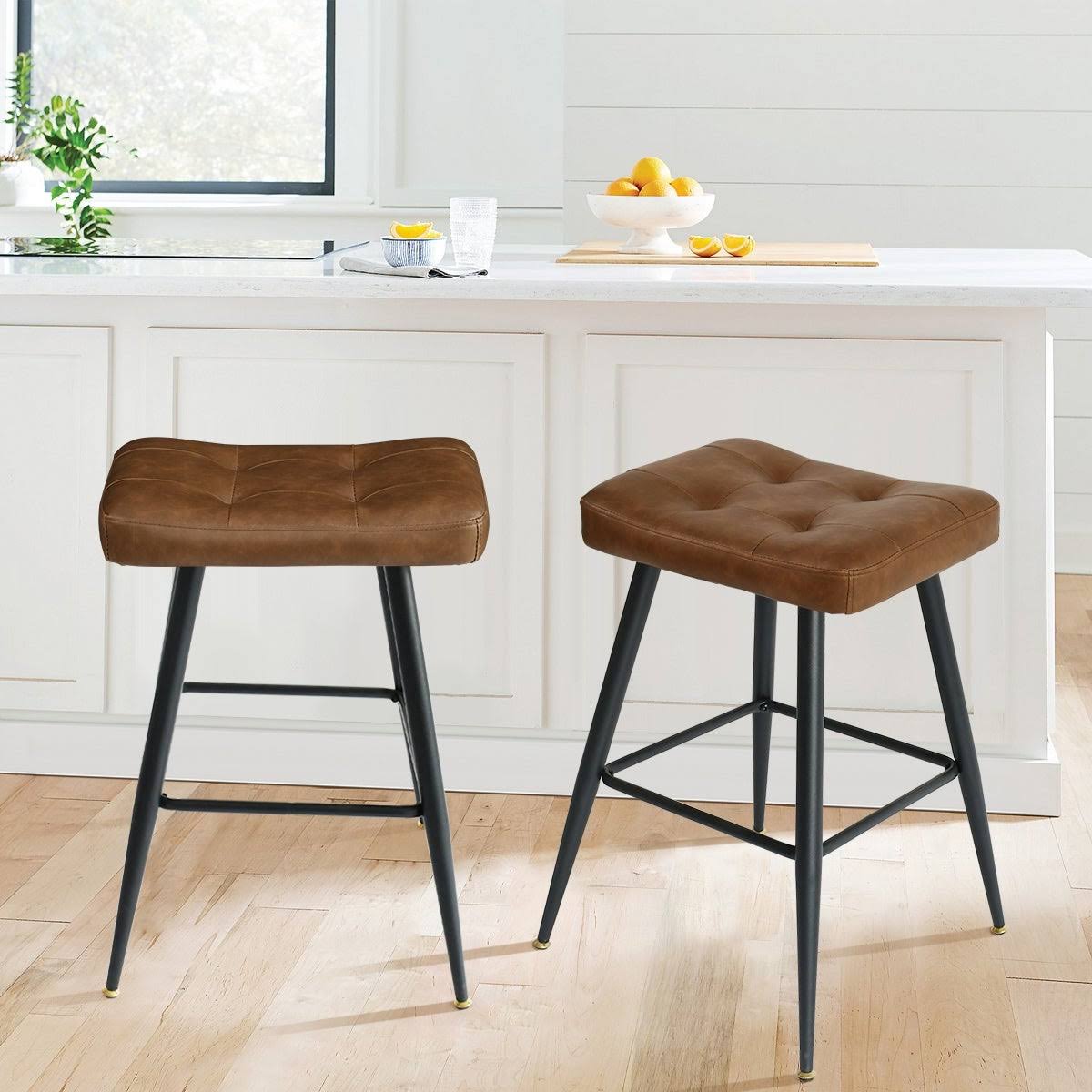 Brown Faux Leather Backless Metal Frame Saddle Counter Stool (Set of 2) E977537