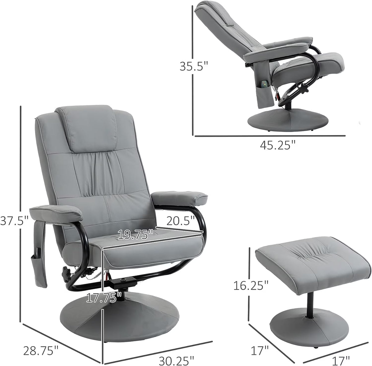 Gray Faux Leather Recliner Chair and Ottoman Set with Remote Control O10222