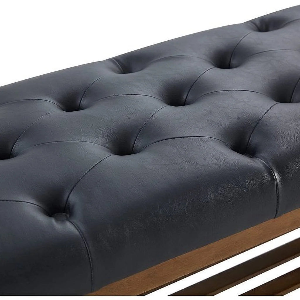 Black Button-Tufted Upholstered Shoe Bench with Solid Wood Shelf J731869