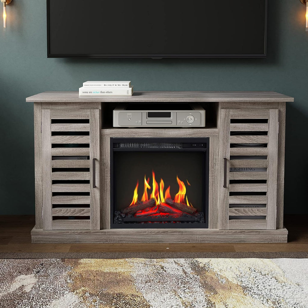 3D Fireplace TV Stand with 6 Storage Shelves & Barn Door V54324