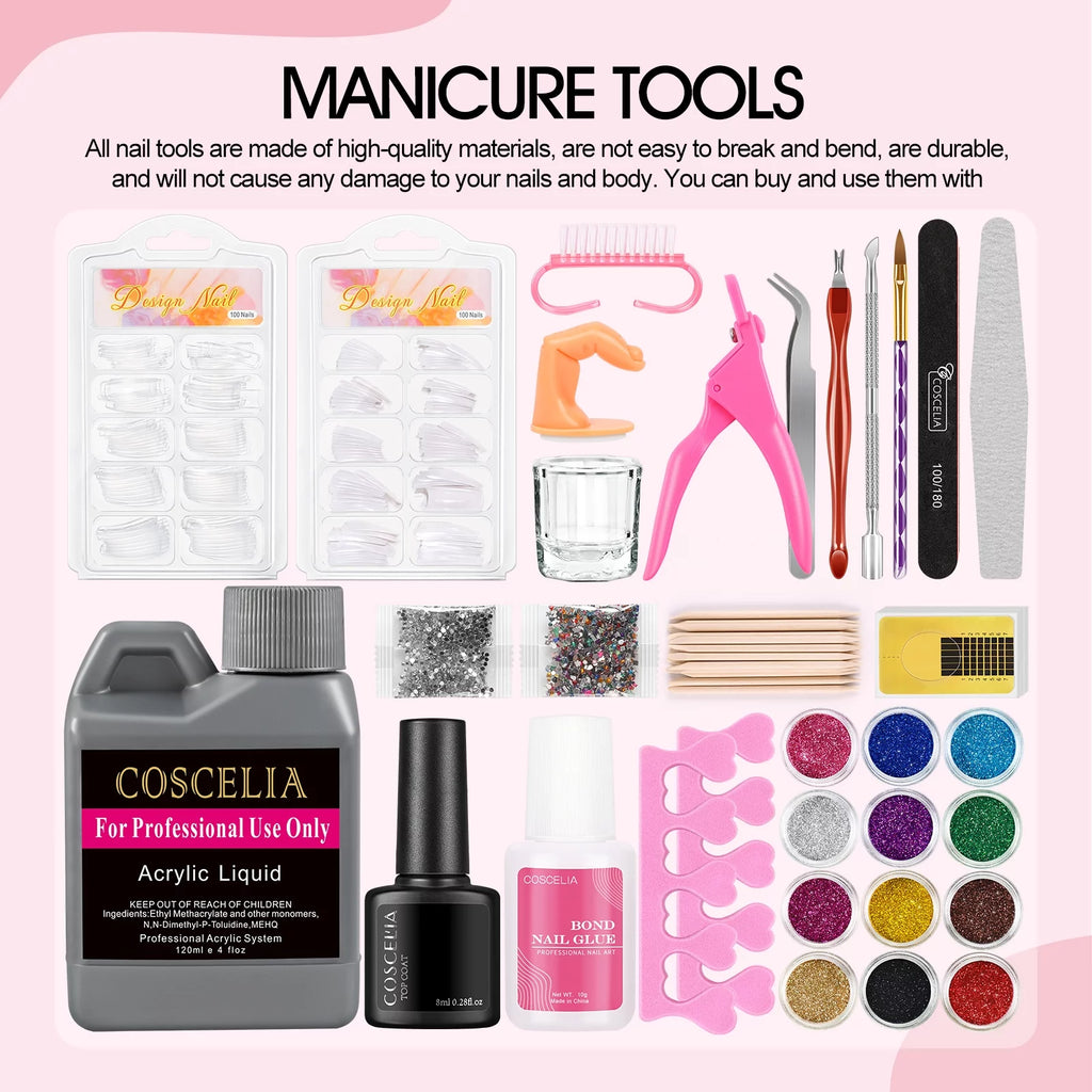 Acrylic Nail Kit with UV Light Nail Drill 3 Basic Color MMA Liquid Set X6794