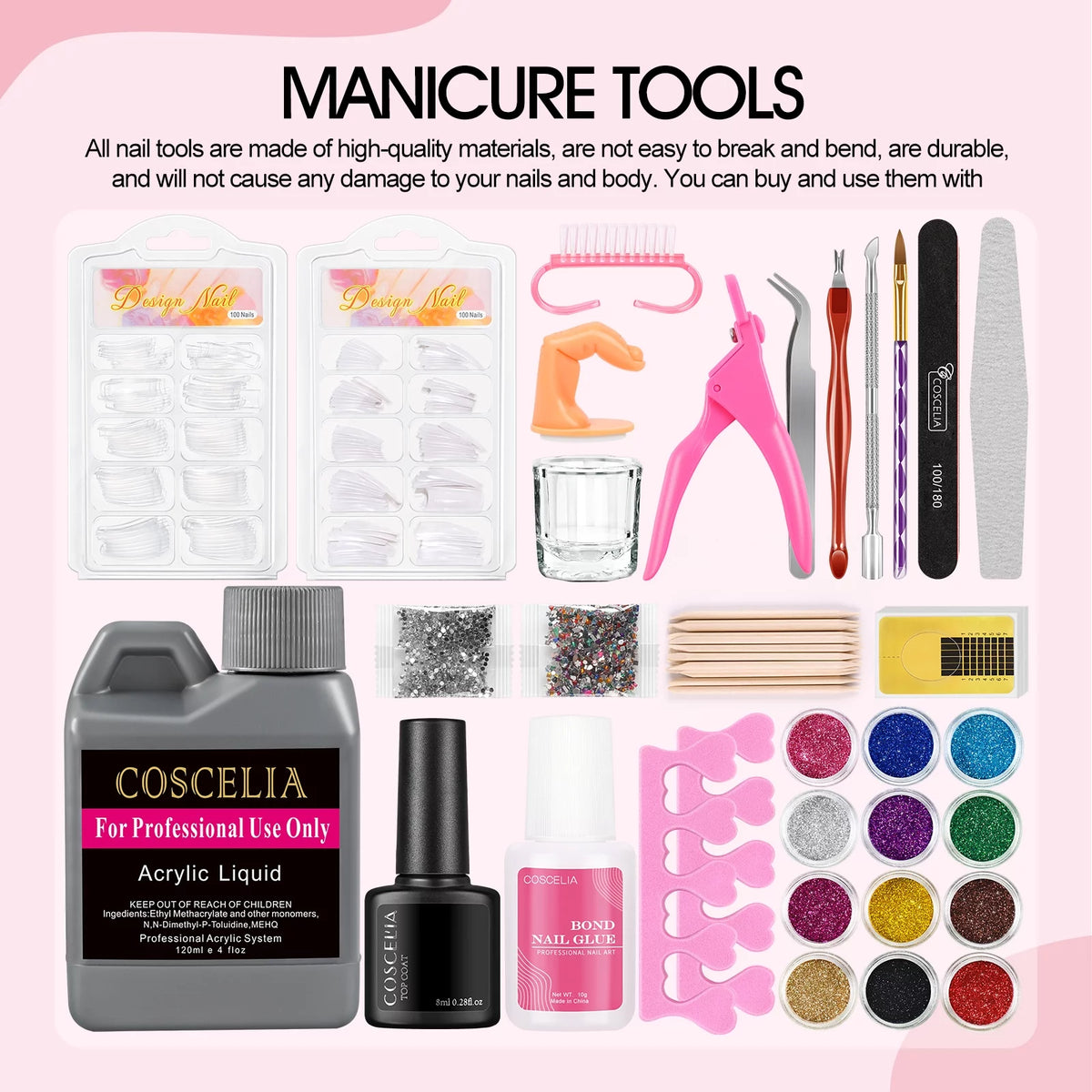 Acrylic Nail Kit with UV Light Nail Drill 3 Basic Color MMA Liquid Set X6794