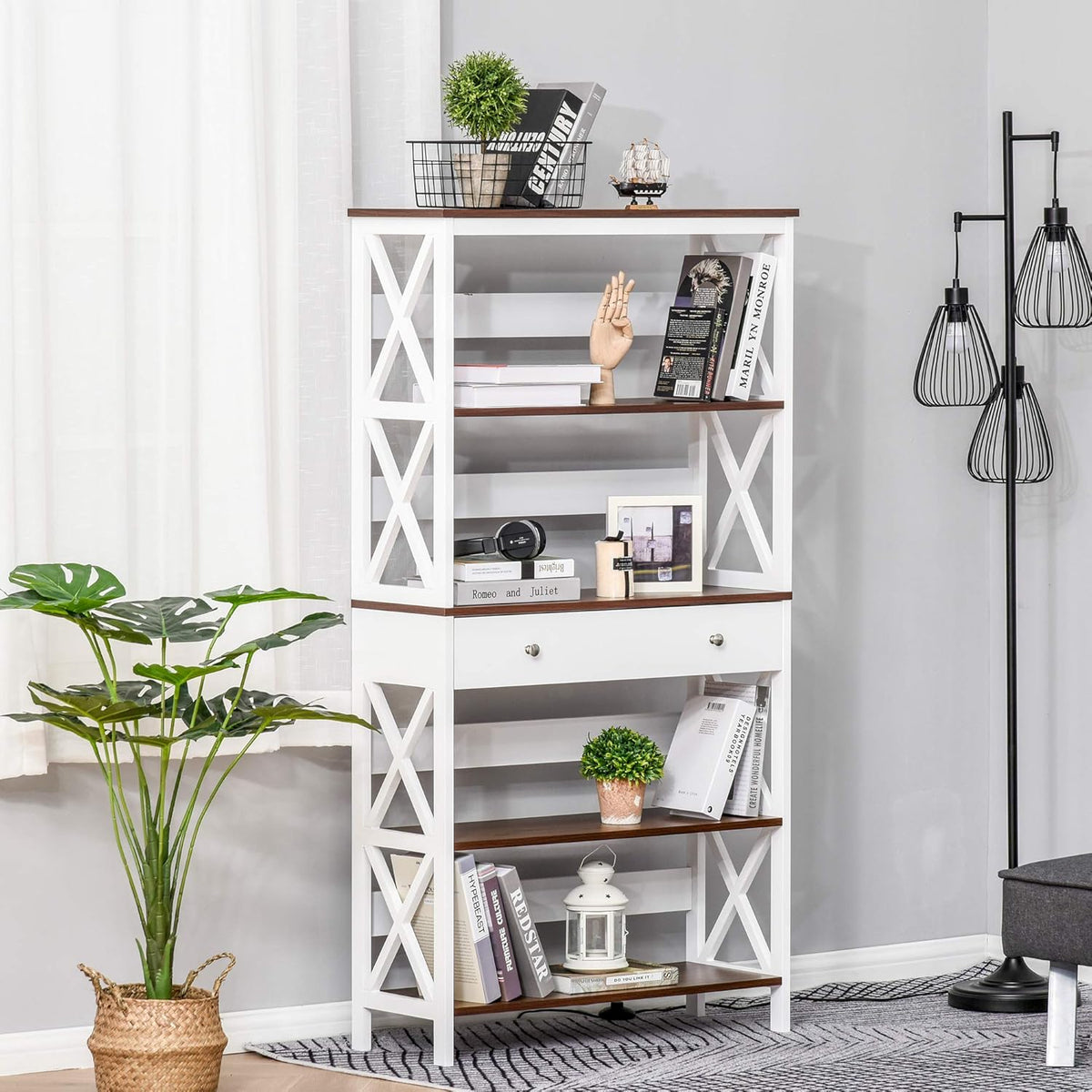 White 4-Tier Shelving Bookcase with Pull Out Drawer K913594