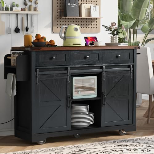 Black Farmhouse Kitchen Island with Power Outlet, 2 Sliding Barn Door, Drop Leaf, Spice Rack, Rolling Cart on Wheels L364