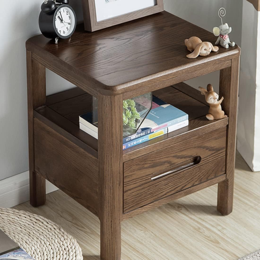 Walnut Color Solid Wood Nightstand with 1 Drawer M636