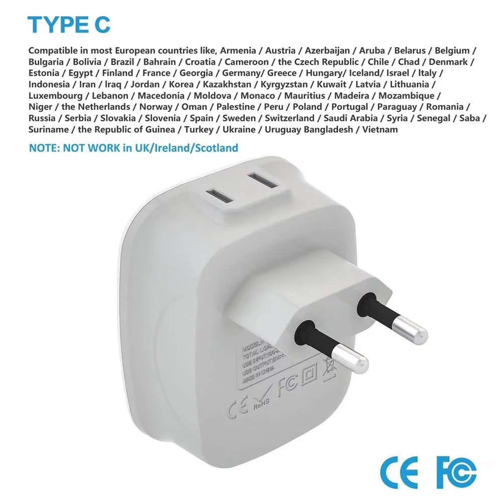 European Travel Plug Adapter with 1 USB C, 2 Outlets and 3 USB Ports, 2 Pack Q310