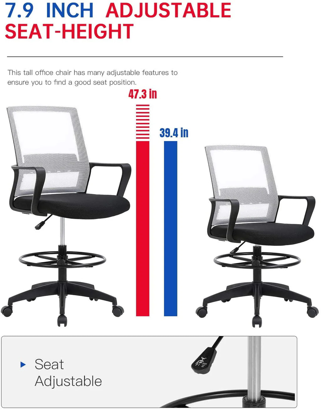 Black Adjustable Mesh Drafting Chair with Lumbar Support Q80427