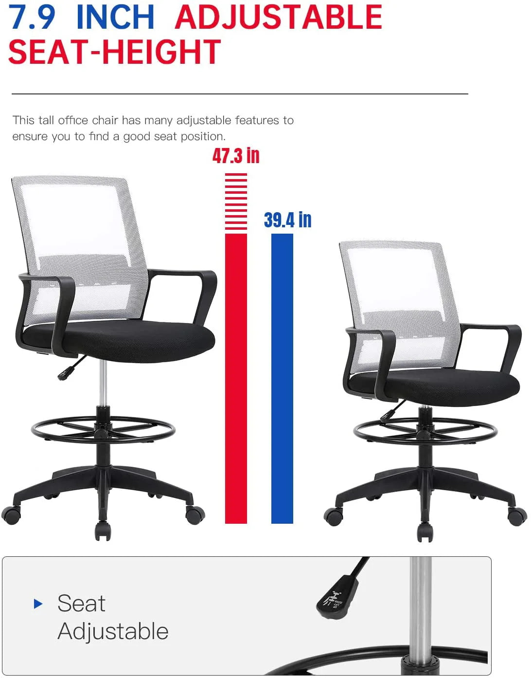 Black Adjustable Mesh Drafting Chair with Lumbar Support Q80427