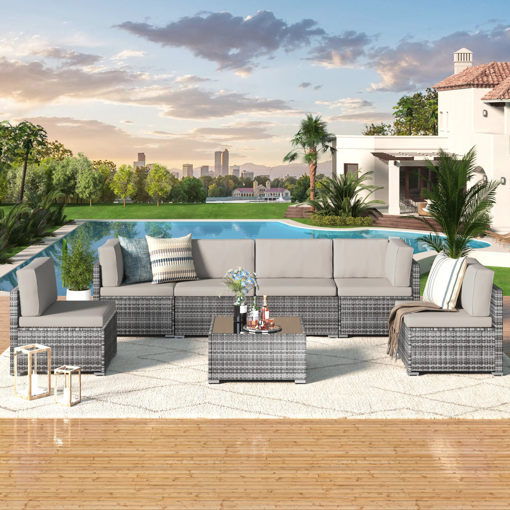 7 Piece Beige Rattan Wicker Sectional Sofa Set with Table R66462