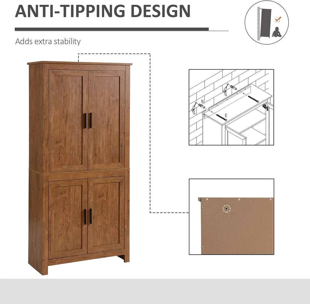 64" 4-Door Oak Kitchen Pantry Cabinet with 3 Adjustable Shelves Q984
