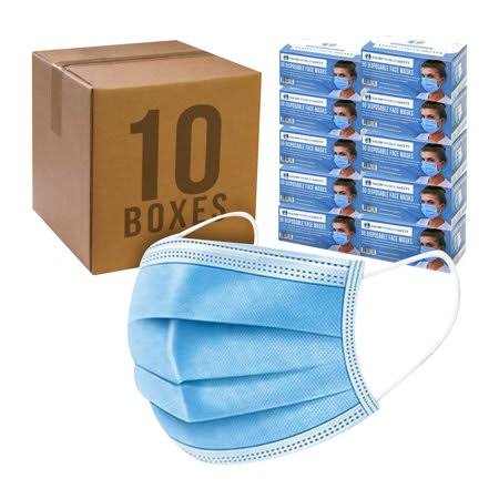 10 Boxes (500 Masks) 3 Layer Disposable Protective Face Masks with Nose Clip & Ear Loops A9850