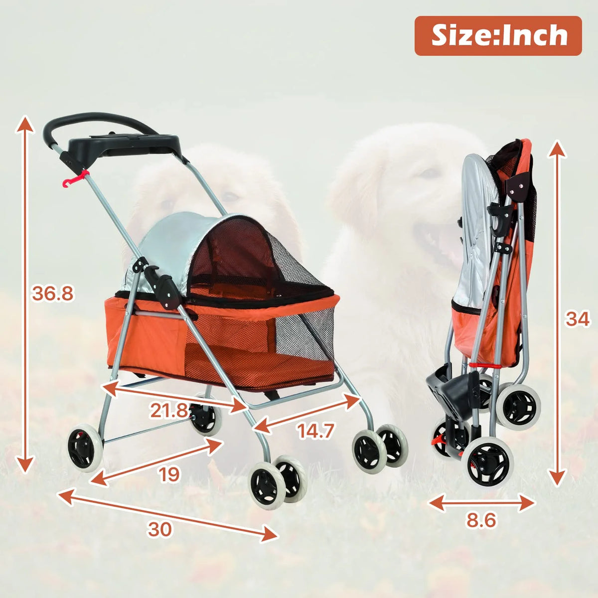 Orange Folding Dog Stroller with 4 Wheels J759641