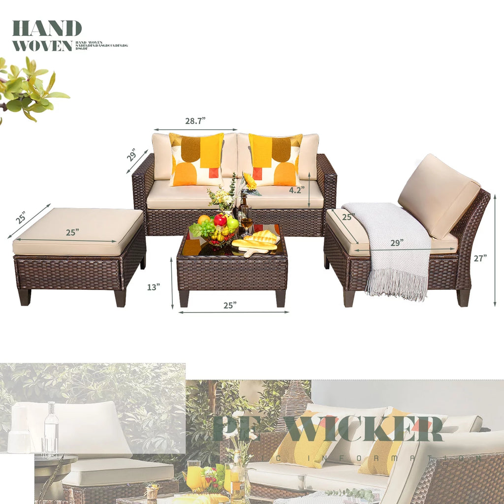 5 Pieces Wicker Rattan Outdoor Sofa Set with Ottoman Q455310