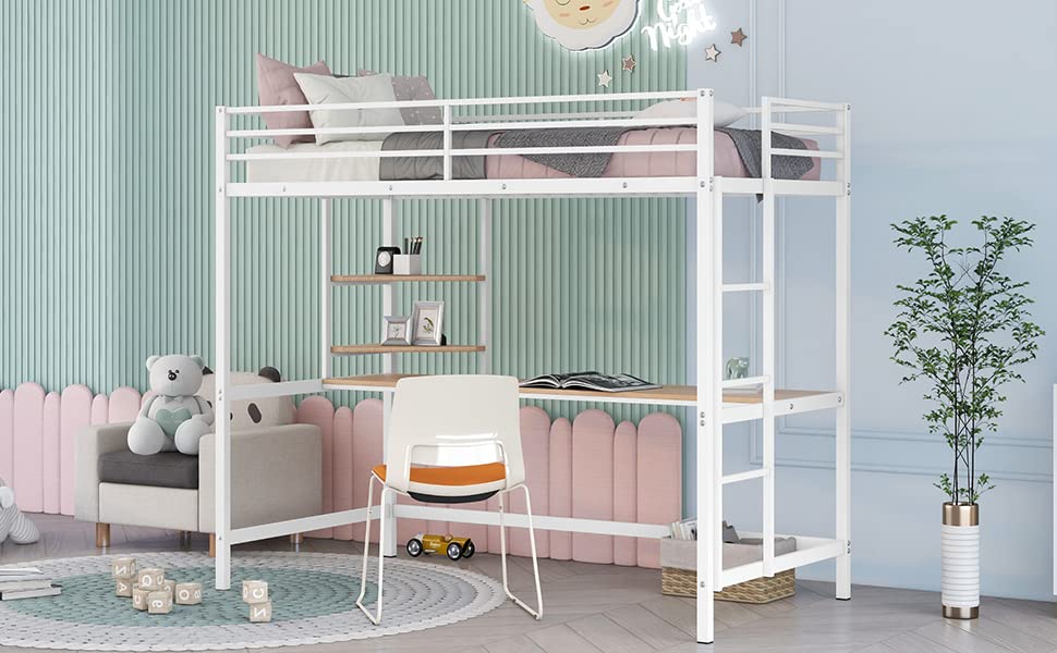 White Metal Twin Loft Bed with Desk and Shelves O554939