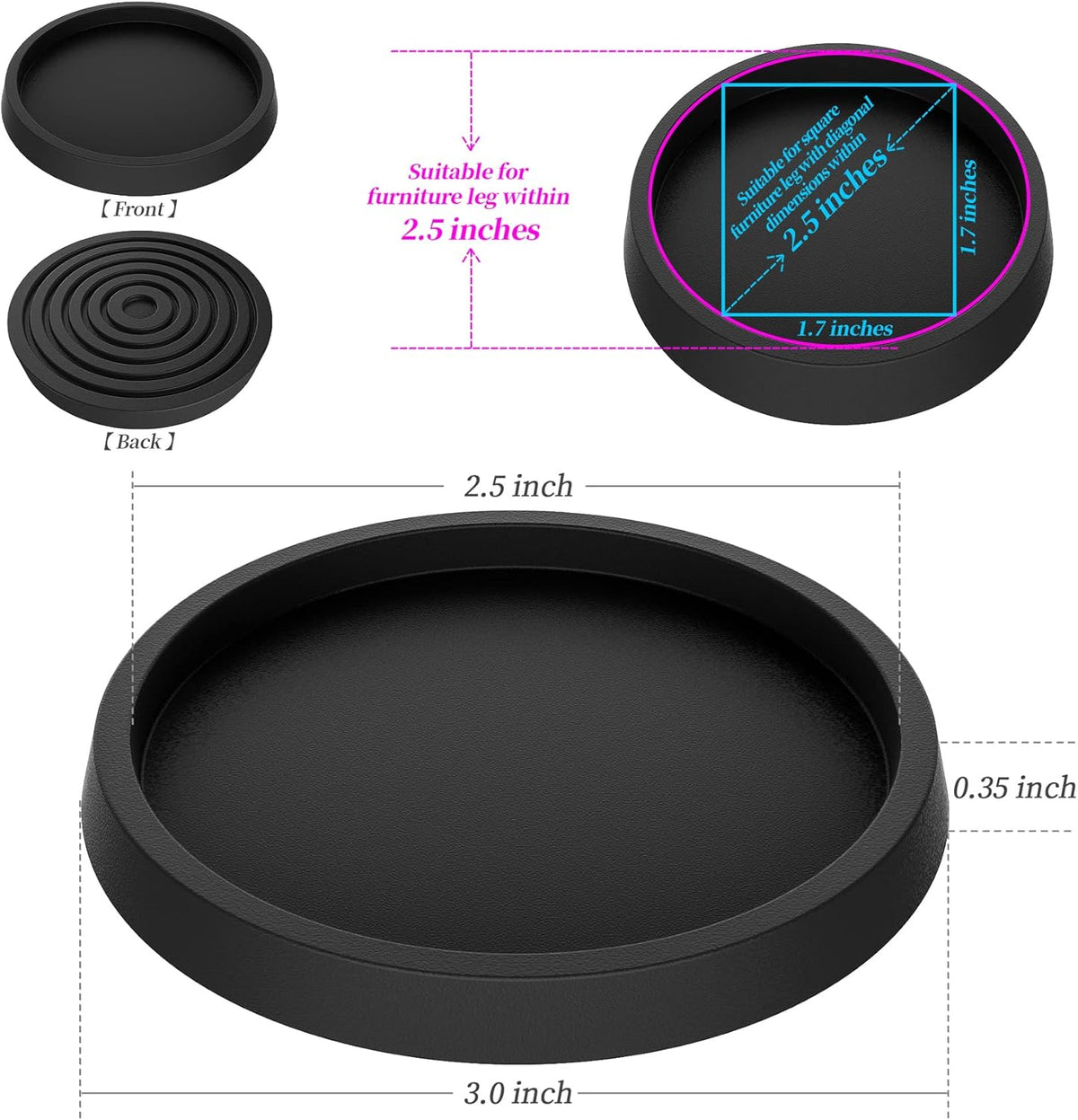 2.5 Inch 4pcs Non Slip Rubber Furniture Coasters D696395