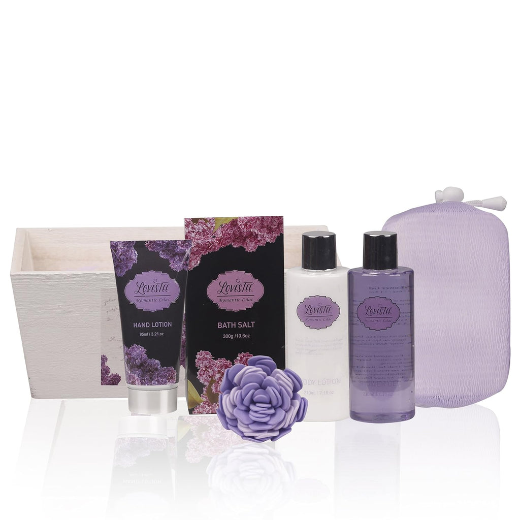Lavender Bath and Body Set with Shower Gel, Body Lotion, Hand Lotion, Bath Salt, Flower Sponge and EVA Sponge N89904
